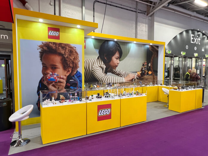 Lego's 50m2 stand at the entrance to Toyfair, built by Exhibit 3Sixty